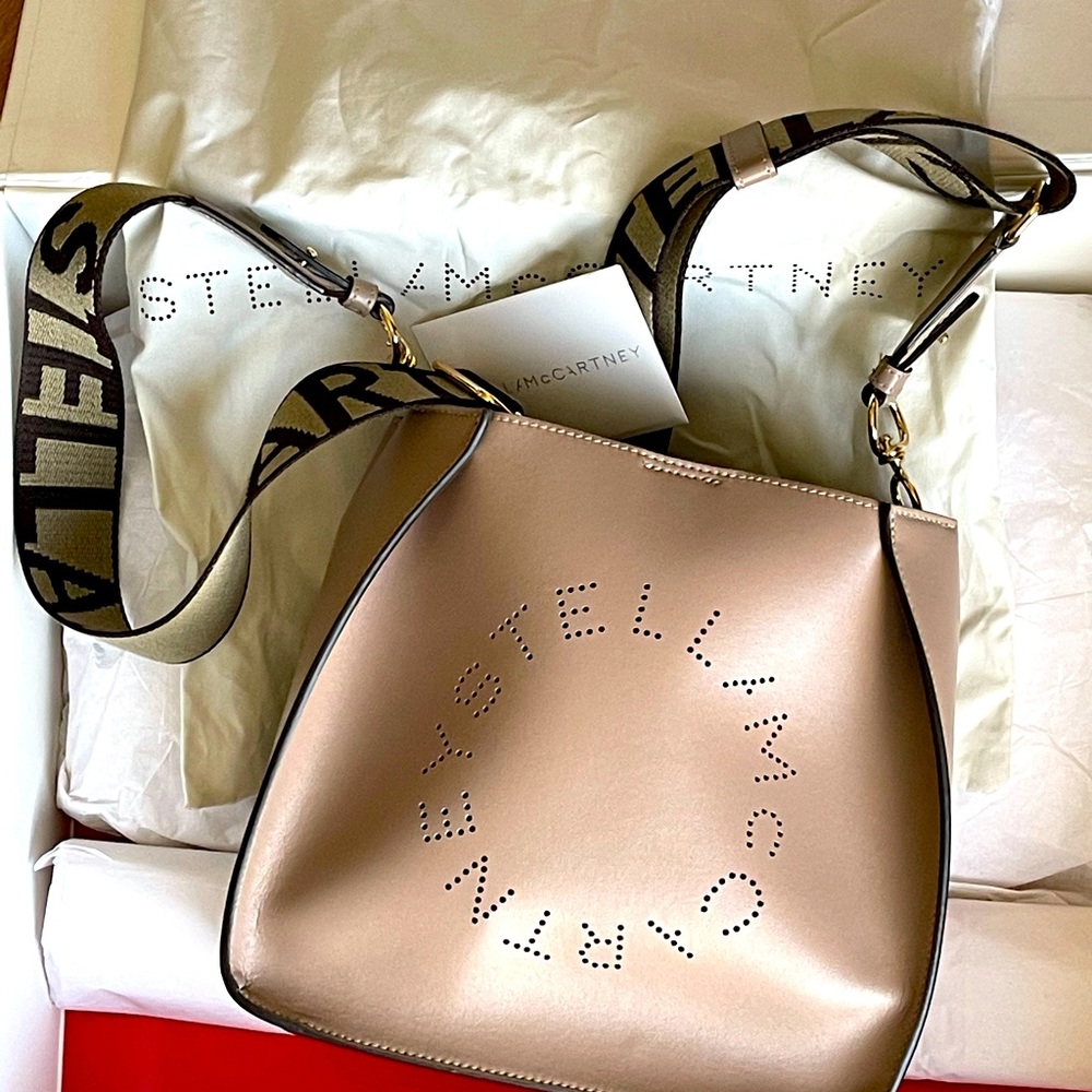 Stella McCartney Metallic Rose Gold Crossbody Bag with Black Logo Strap